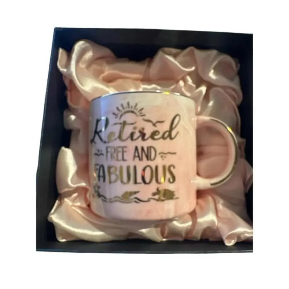 Handmade Retired Free And Fabulous Pink Swirl Cup Mug Gold Tone